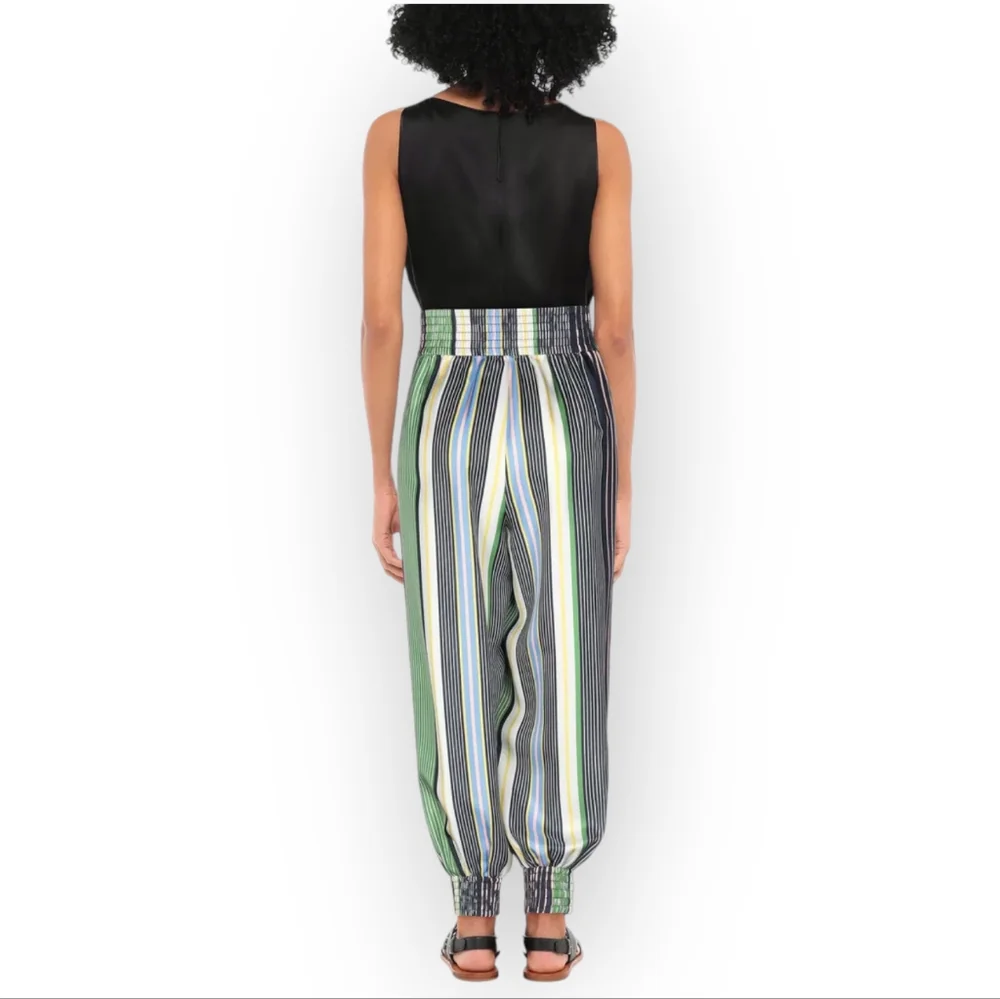TORY BURCH Silk Pajama Pant Jogger in Field Day Stripes Blue Green Size 4